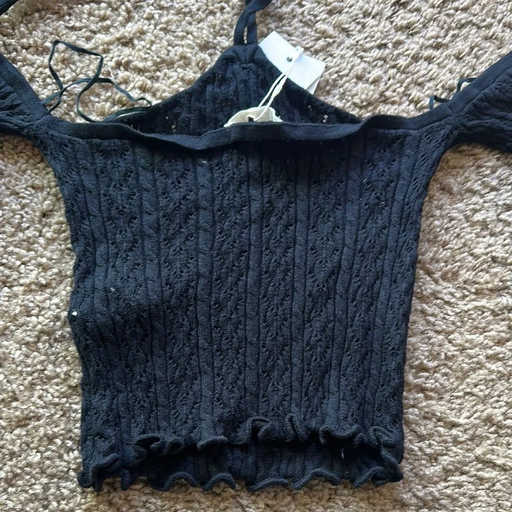 Stradivarius Black Ribbed Crop Top with‎ Long Sleeves Size XS